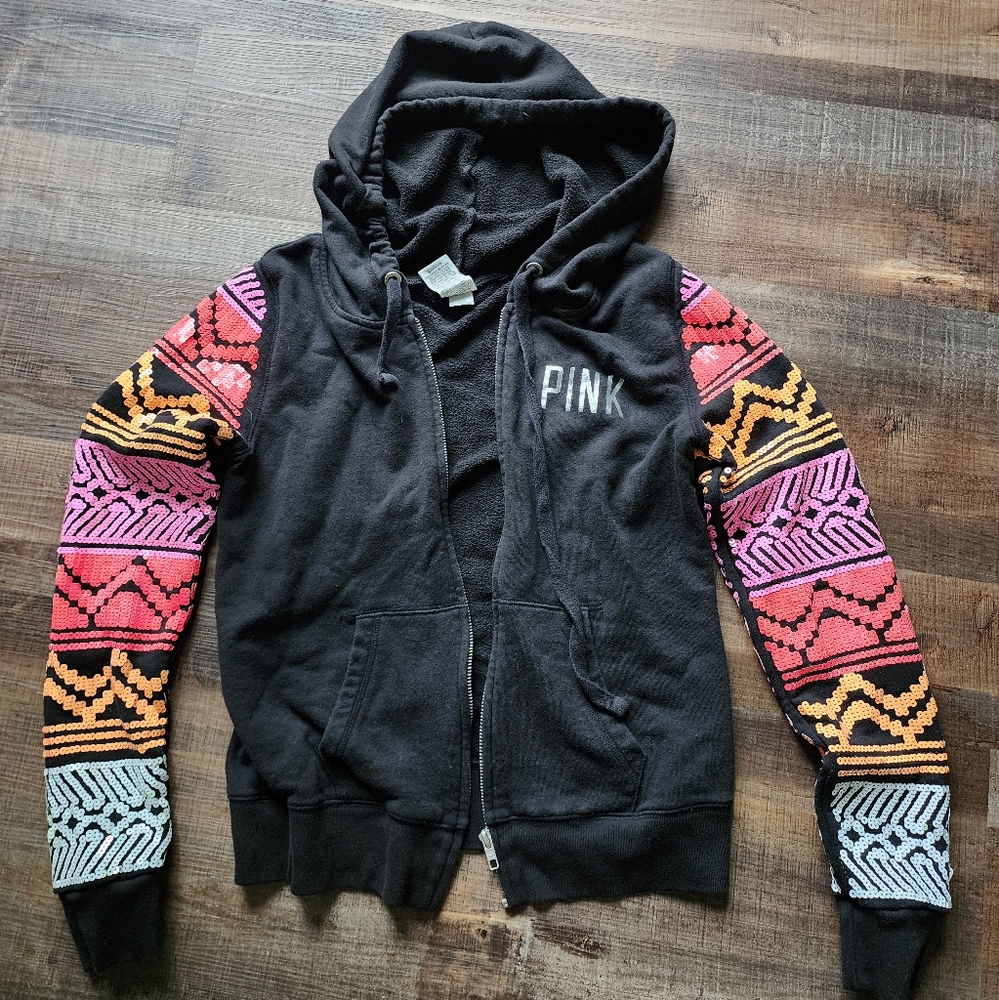 PINK Victoria's Secret black sequin Aztec hoodie zip up
